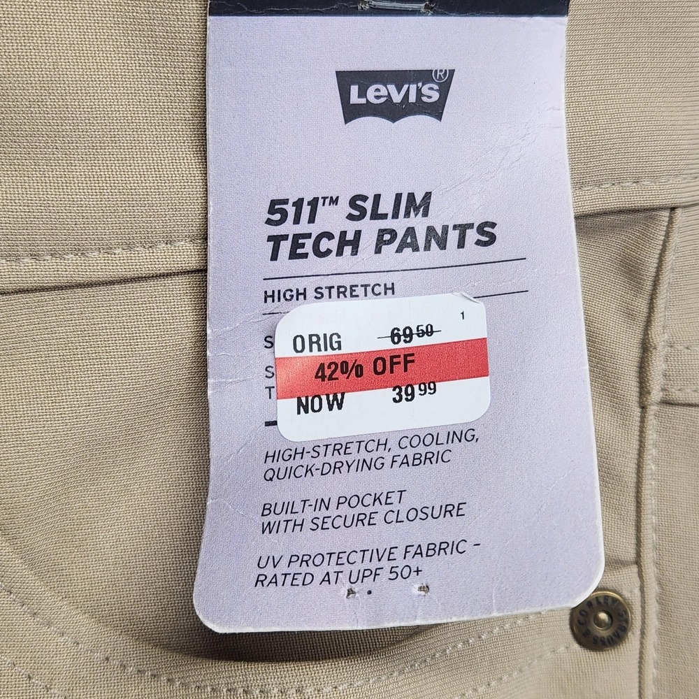 Levi's 511 Slim Tech Pants Mens 30x32 Beige Stretch Quick Dry UPF50 NEW - Picture 8 of 16